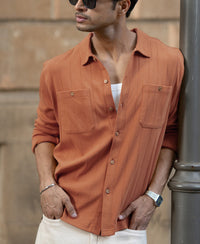 Russet Brown Structure Knit Shirt 100% Cotton