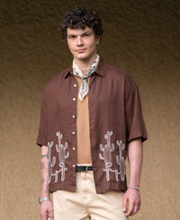 Brown Linen Blend Embroidery Shirt