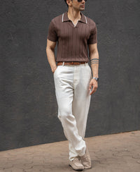 Brown Structured Knit Polo T-Shirt 100% Cotton