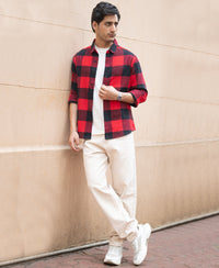 Bright Red Flannel Checks Shirt 100% Cotton