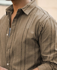 Dark Beige Boucle Stripe Shirt 100% Cotton
