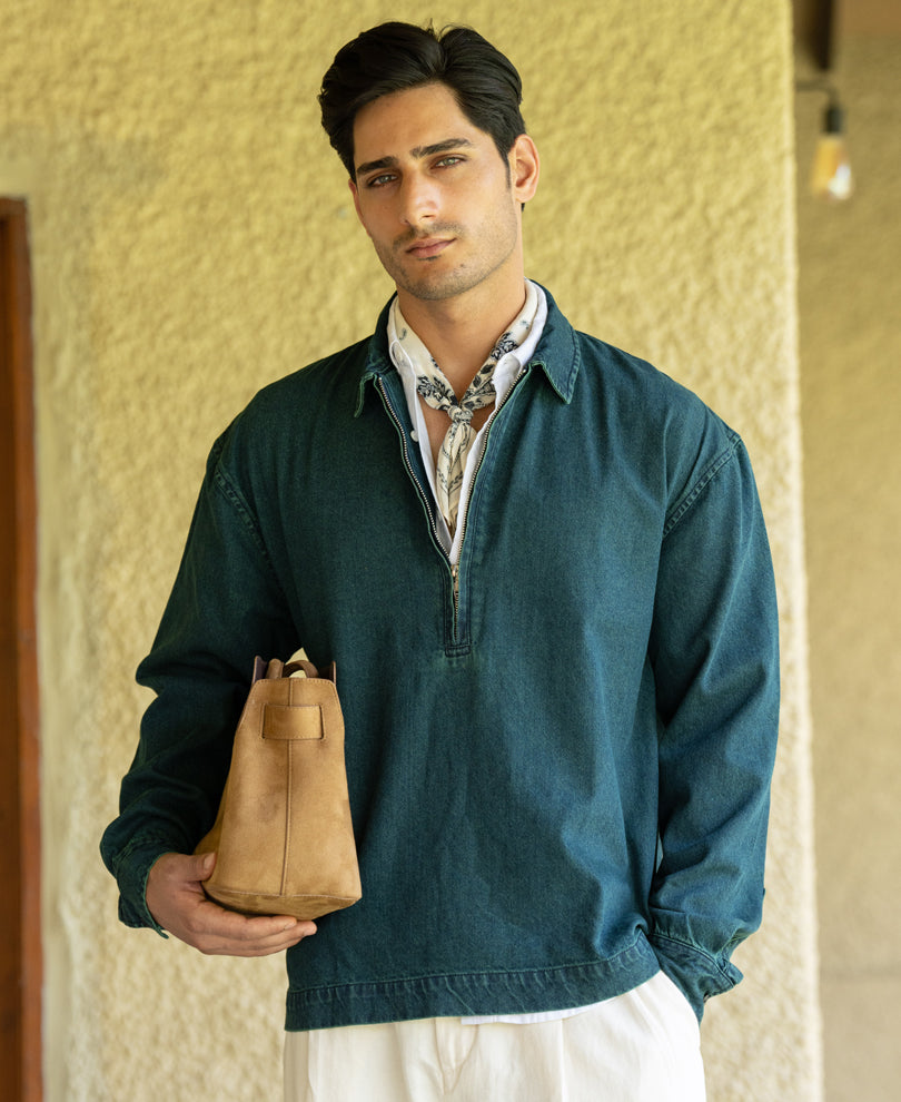 Teal Blue Tinted Zipper Shirt