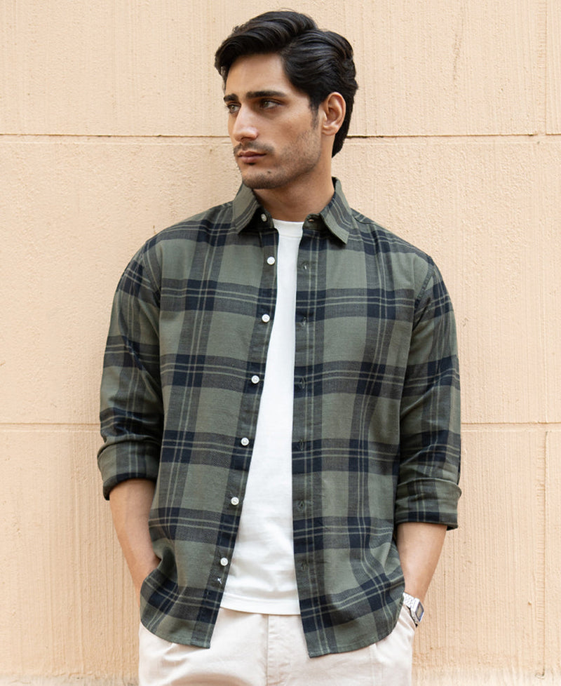 Olive Structured Checks Shirt 100% Cotton