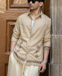 Beige Linen Blend Embroidered Shirt