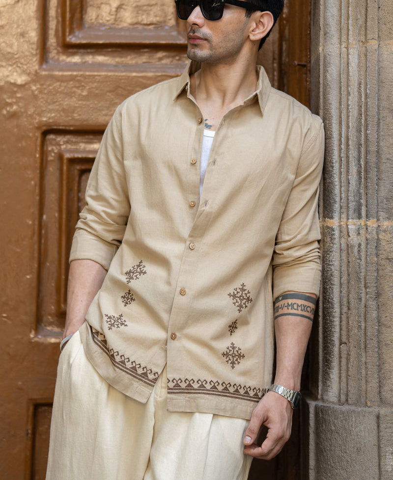 Beige Linen Blend Embroidered Shirt