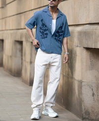 Mid Blue Embroidered Denim Shirt 100% Cotton