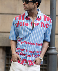 Blue Slogan Print Stripe Shirt 100% Cotton