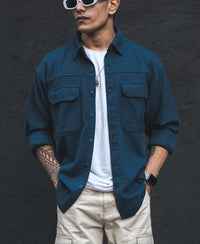 Teal Blue Structured Knit Shacket Oversized Shirt