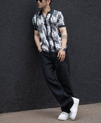 Black White Jacquard Knit T-Shirt 100% Cotton