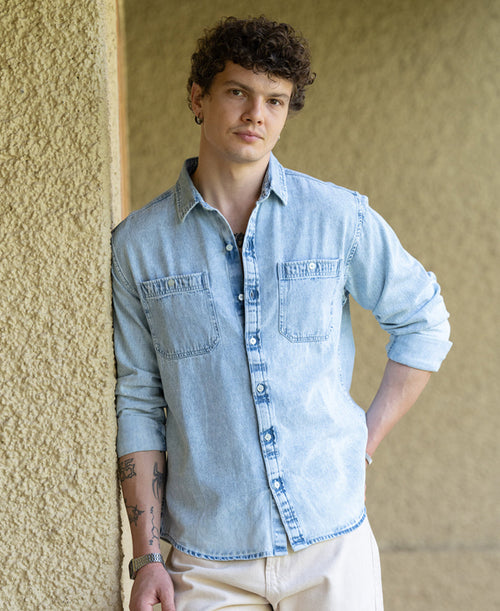 Blue Double Pocket Denim Shirt 100% Cotton