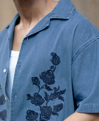 Mid Blue Embroidered Denim Shirt 100% Cotton
