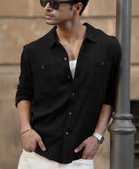 Black Double Pocket Knit Shirt 100% Cotton