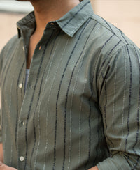 Olive Boucle Stripe Shirt 100% Cotton
