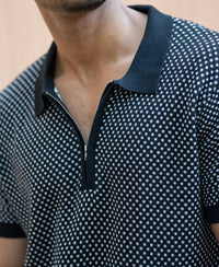Black Jacquard Knit Polo T-Shirt 100% Cotton