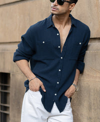 Navy Crinkled Shirt With Pockets 100% Cotton