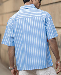 Blue Slogan Print Stripe Shirt 100% Cotton
