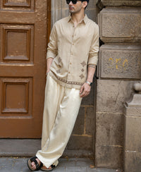 Beige Linen Blend Embroidered Shirt