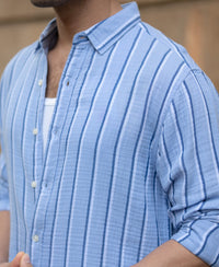 Blue Double Cloth Striped Shirt 100% Cotton