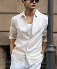 Peach & Beige Linen Stripe Shirt