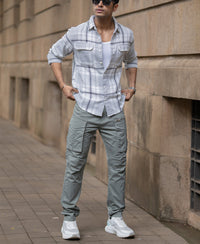 Light Grey Structured Checks Shacket Oversize Drop Shoulder Shirt