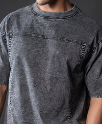 Grey Washed Panelled T-Shirt 100% Cotton