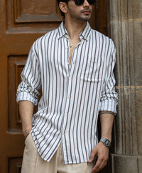 White Linen Blend Stripe Shirt