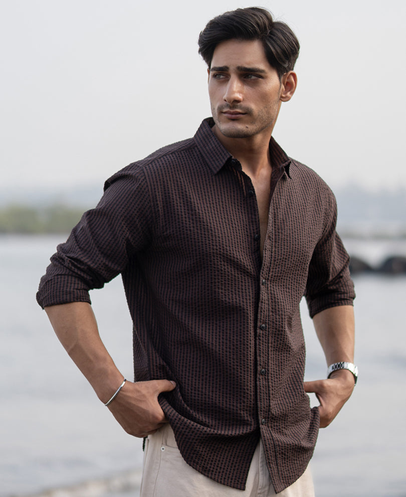 Brown Seer Sucker Stripe Shirt 100% Cotton