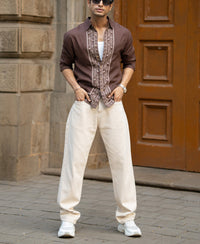 Dark Brown Linen Blend Embroidery Shirt