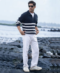 Navy Striped Zipper Neck T-Shirt 100% Cotton