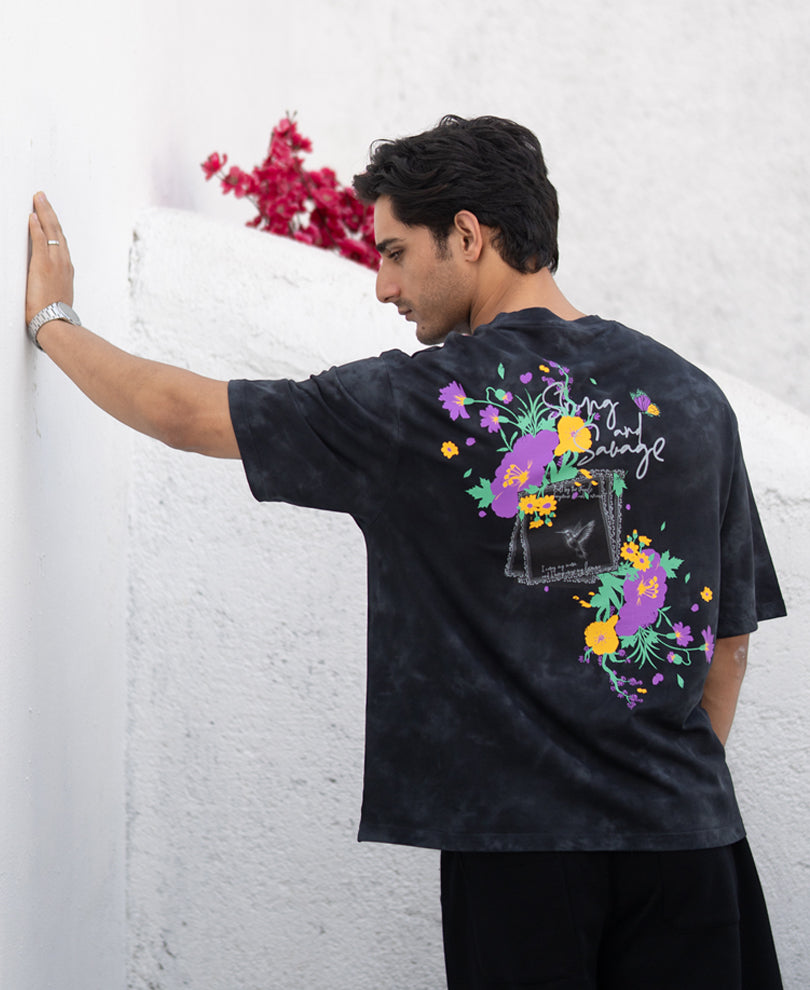 Black Washed Floral Print T-Shirt 100% Cotton