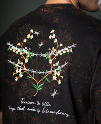 Dark Brown Floral Embroidery T-Shirt 100% Cotton