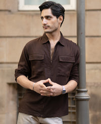 Coffee Brown Linen Blend Zipper Shirt