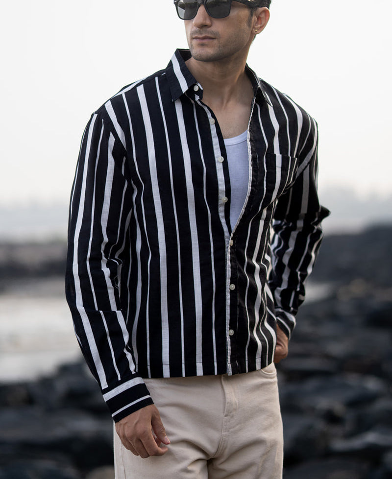 Black Lightweight Striped Shirt 100% Cotton