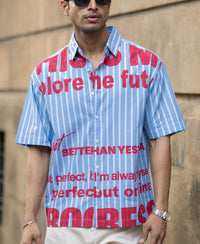 Blue Slogan Print Stripe Shirt 100% Cotton
