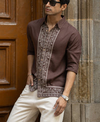 Dark Brown Linen Blend Embroidery Shirt