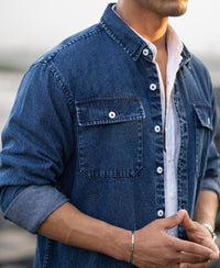 Dark Blue Washed Denim Full Sleeves Shirt 100% Cotton