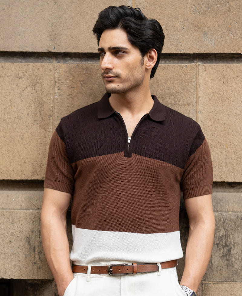 Brown & Beige Stripe Knit T-Shirt 100% Cotton
