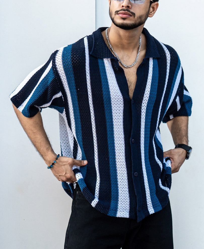 Multicolor Crochet Knit Striped Oversize Drop Shoulder Shirt
