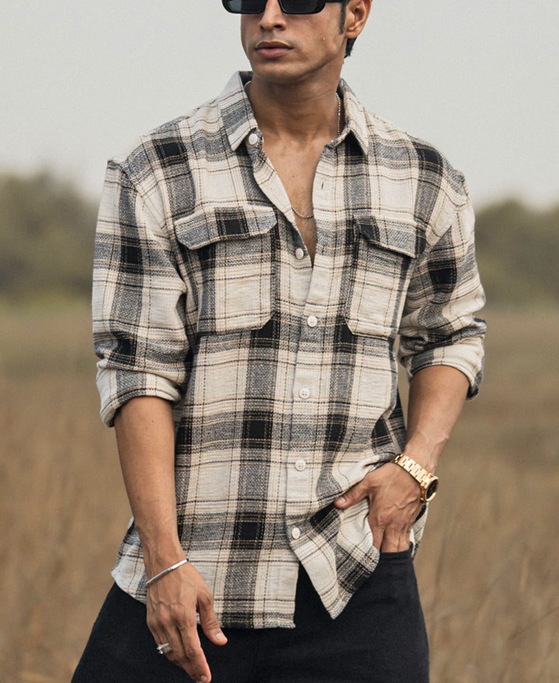 Cream Checked Structured Oversize Drop Shoulder Shirt