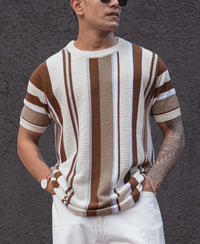 Multicolor Regular Fit Striped Half Sleeves T Shirt 100% Cotton