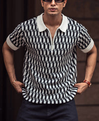 White and Black Knitted Regular Fit Half Sleeves Zipper T Shirt 100% Cotton