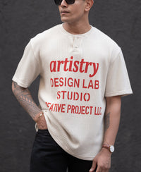 Cream Structured Printed Regular Fit Half Sleeves T-Shirt
