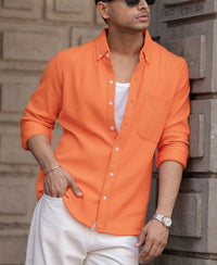Orange Corduroy Regular Fit Full Sleeves Shirt