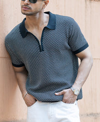 Black Jacquard Knit Polo T-Shirt 100% Cotton