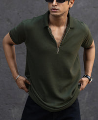 Dark Green Structured Half Sleeves Zipper T Shirt