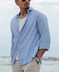 Blue and White Regular fit Striped Full Sleeves Shirt