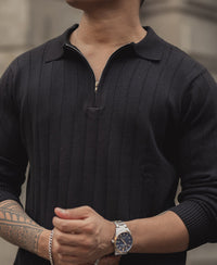 Black Knitted Regular Fit Full Sleeves T Shirt 100% Cotton