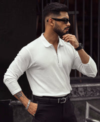 White Waffle Design Regular Fit Full Sleeve T-Shirt with Zipper