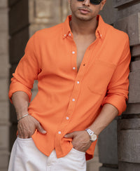 Orange Corduroy Regular Fit Full Sleeves Shirt
