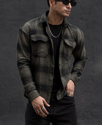 Olive Green Pocket Checked Oversize Drop Shoulder Shirt